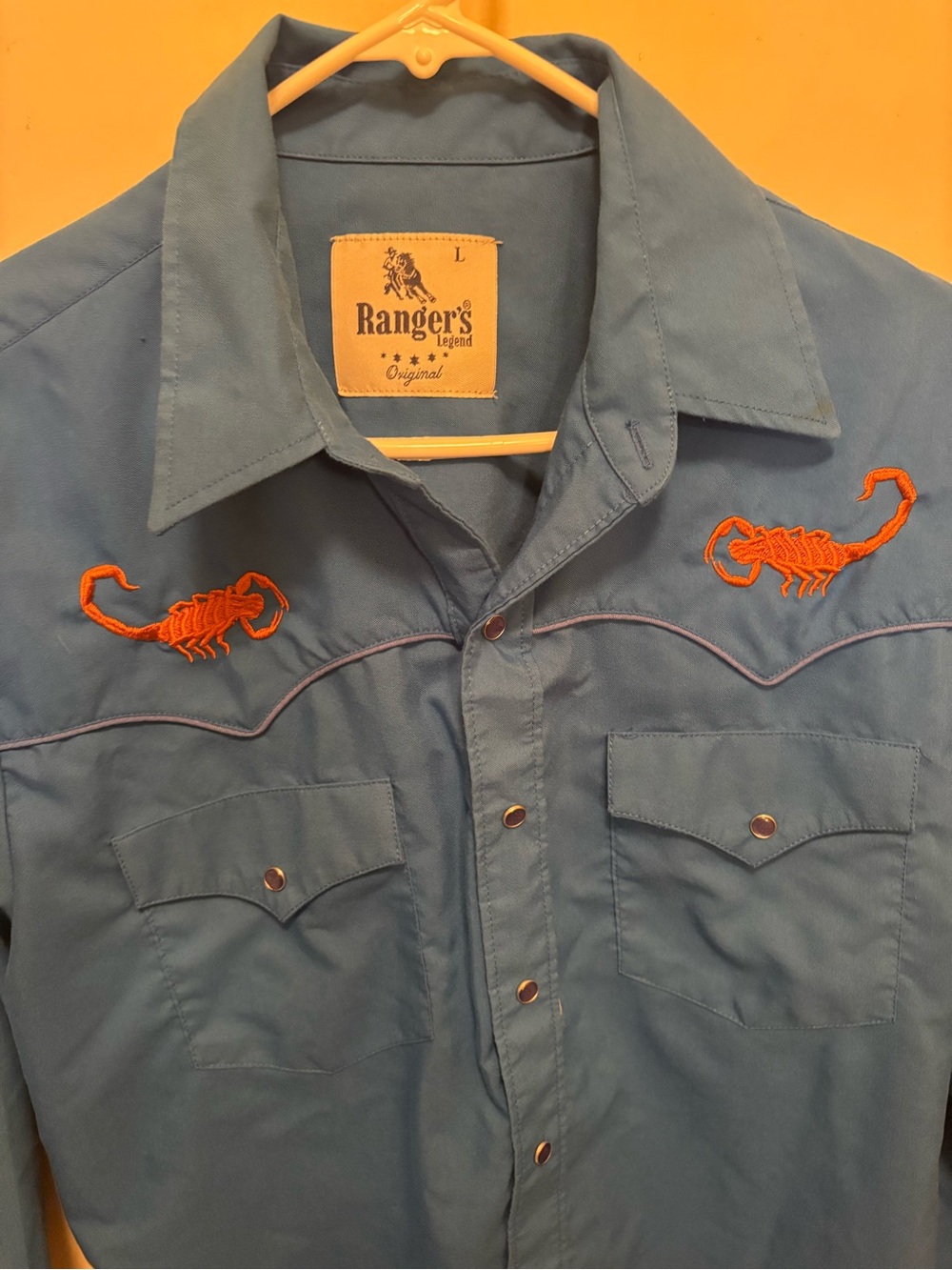 Men's Blue Western Button-Down Shirt with Orange Embroidery